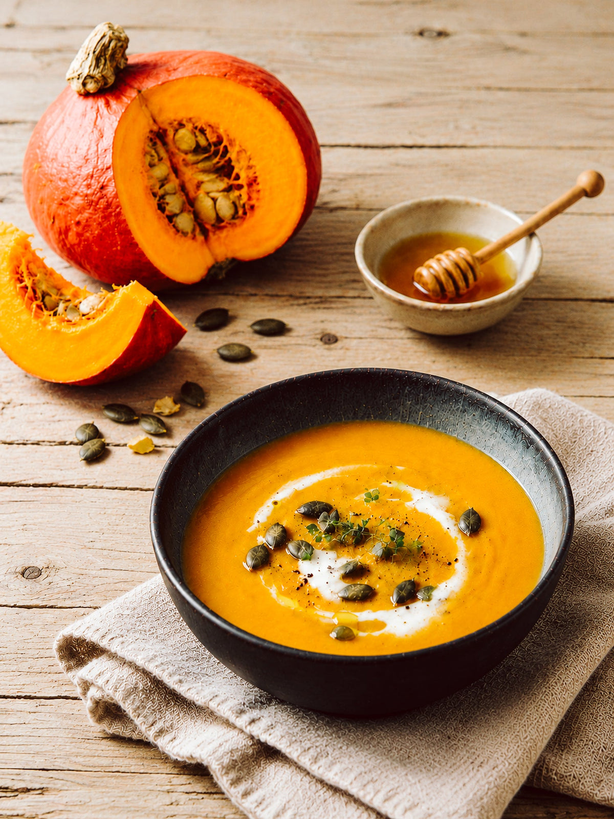 Hokkaido-Suppe mit gerösteten Kürbisspalten und Aroma-Kürbisbrühe