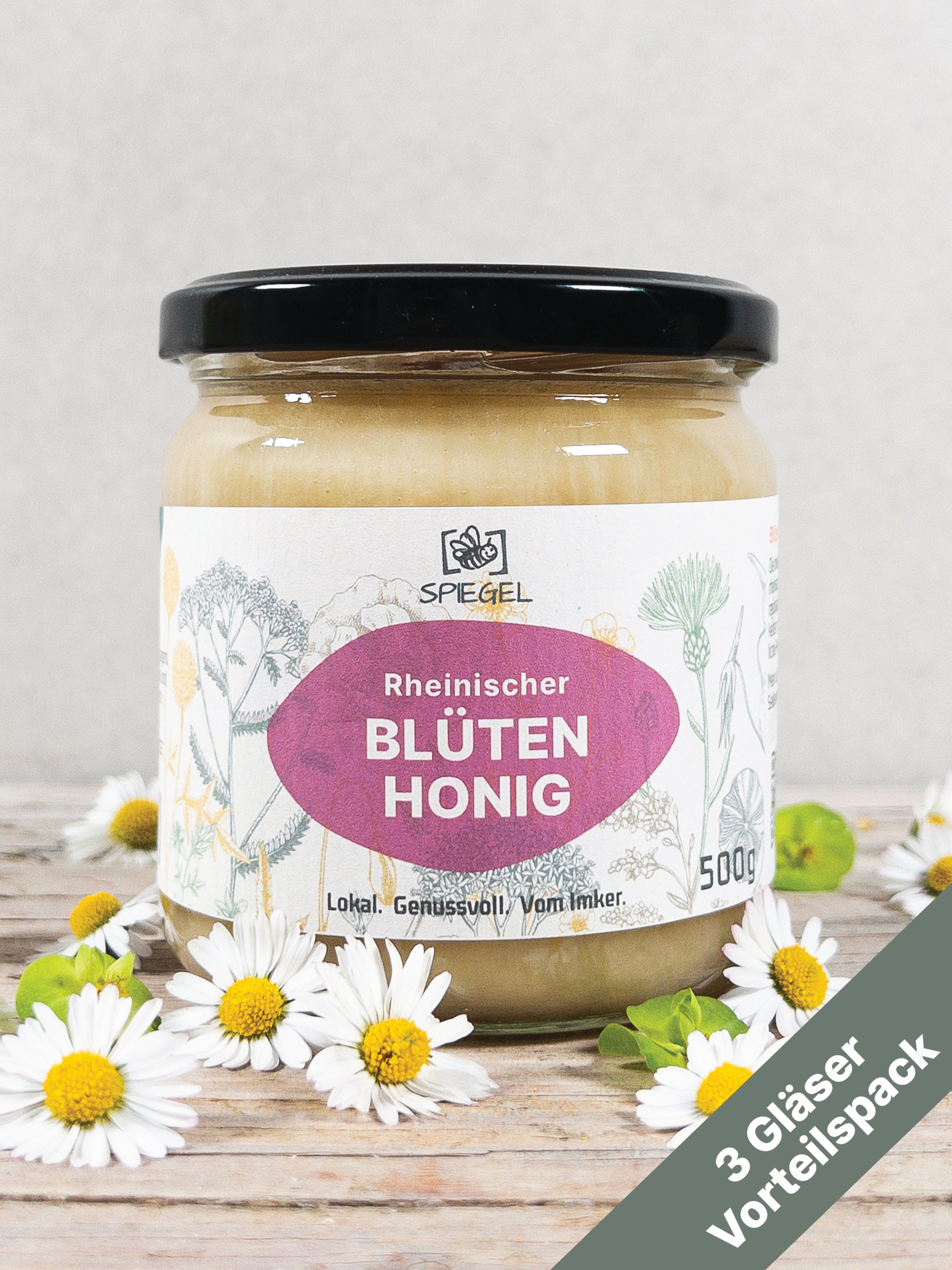 6er Bundle Rheinischer Blütenhonig der Imkerei Spiegel aus Düsseldorf.